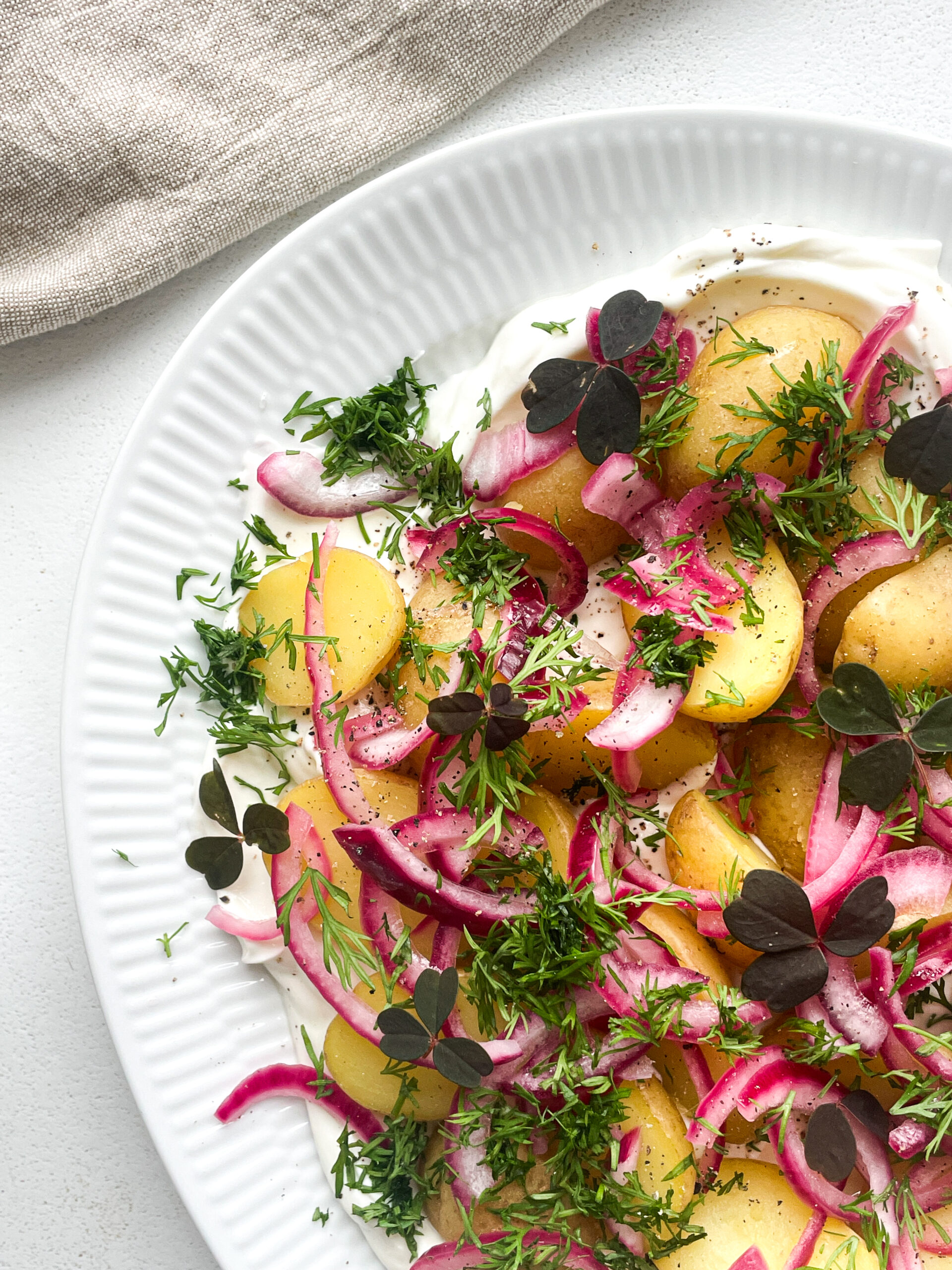 KARTOFFELSALAT MED GRÆSK YOGHURT OG SYLTEDE RØDLØG